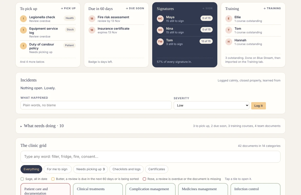 The Comply page: what to pick up, due in 60 days, signatures and training, then the clinic grid