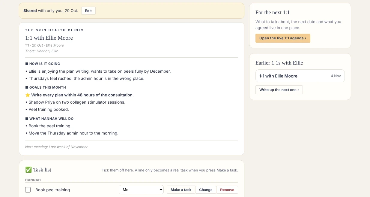 A 1:1 written up: how it is going, goals this month, what the owner will do, and the task list