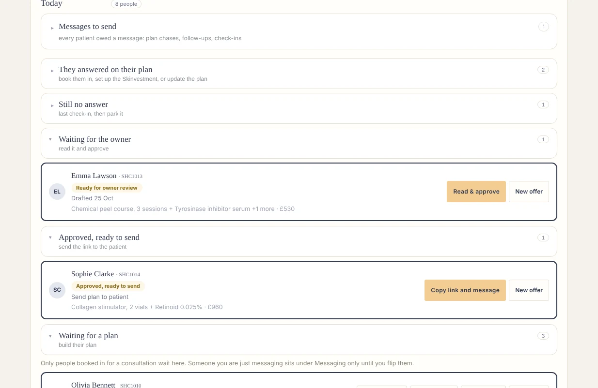 The Patients page: one list in the order the work happens, with the patients waiting for a plan opened